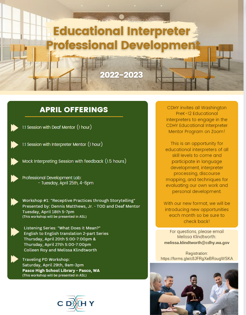 Flyer for Educational Interpreter Development April 2023 offerings.