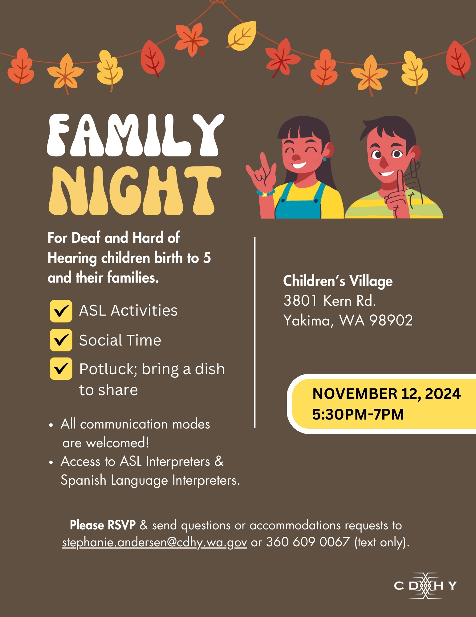 Family Night Flyer November 12, 2024 5:30pm-7pm childrens village, yakima, Washington 