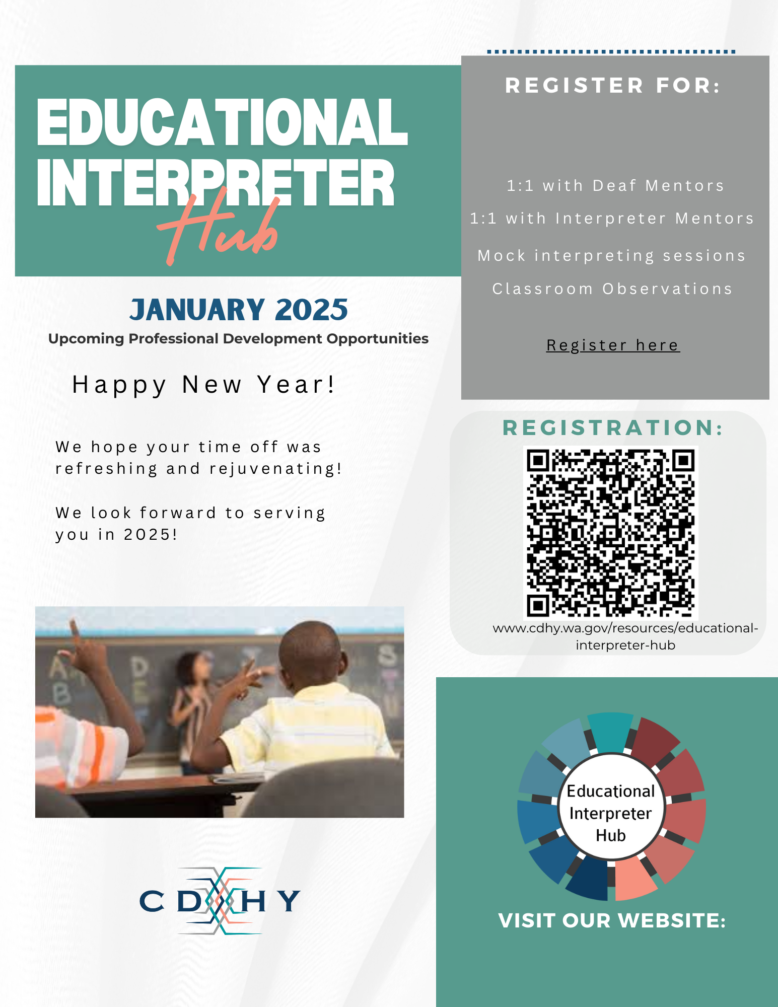 Educational Interpreter Hub. January 2025 professional development flyer.