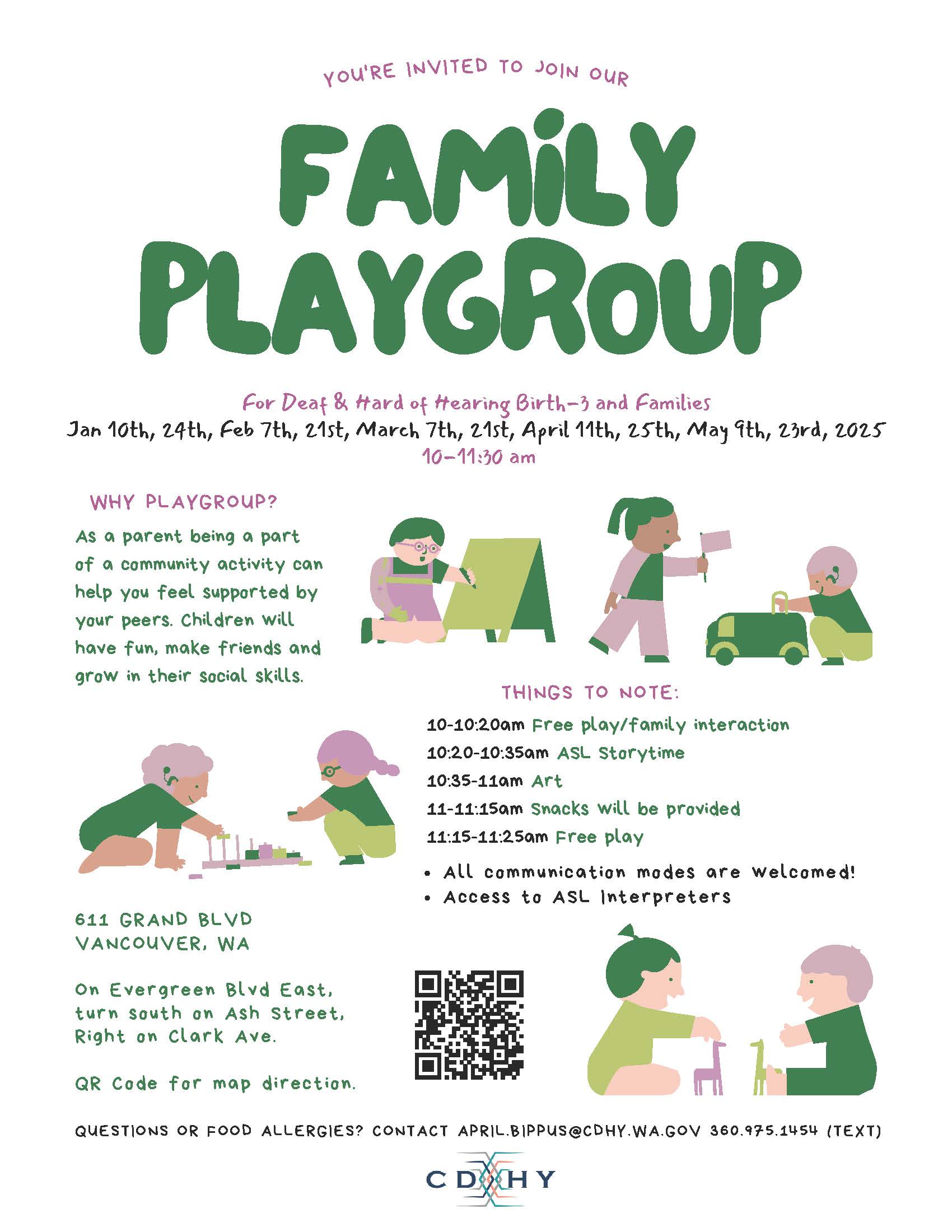 Family playgroup flyer for deaf and hard of hearing birth-3 families